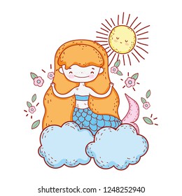 cute mermaid with flowers in the cloud