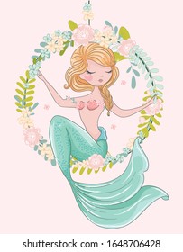 Cute mermaid with flowers vector illustration, fashion artworks, greeting cards, children graphics, clip arts.