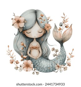 cute mermaid with flowers vector illustration in watercolour style