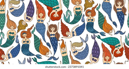 Cute mermaid friends, concept kids print, hand drawn art. Seamless pattern for your design