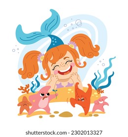 Cute mermaid and funny starfish. Vector cartoon illustration in flat style isolated on a white background. For print, design, poster, sticker, card, decoration and t shirt design