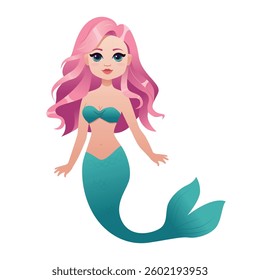 Cute mermaid girl with beautiful eyes isolated on white background. Vector Illustration. 