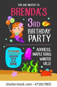 cute mermaid girl birthday party card with friends set two