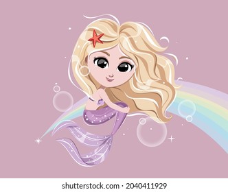 Cute mermaid girl with blonde hair. Vector illustration on pastel background.