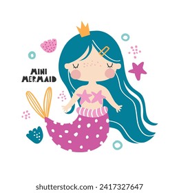 Cute mermaid girl with blue hair and underwater elements on white background. Vector hand drawn illustration for children. Mermaid clipart for girls. Sea, ocean. Card, print, poster, invitation.