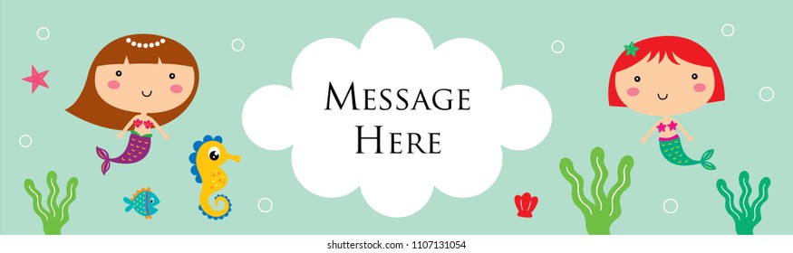 cute mermaid girl cartoon banner. vector of mermaid girl underwater banner.