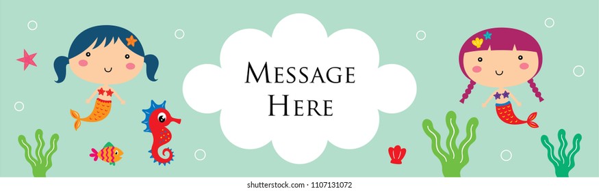 cute mermaid girl cartoon banner. vector of mermaid girl underwater banner.