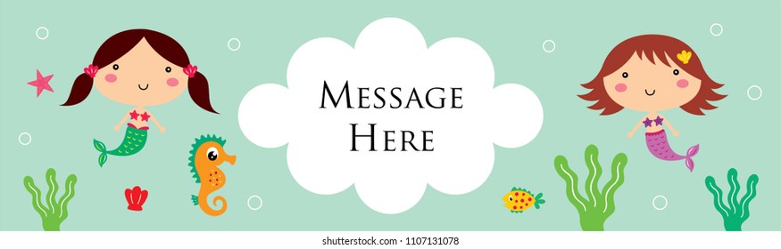 cute mermaid girl cartoon banner. vector of mermaid girl underwater banner.