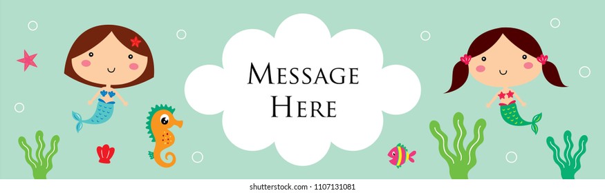 cute mermaid girl cartoon banner. vector of mermaid girl underwater banner.