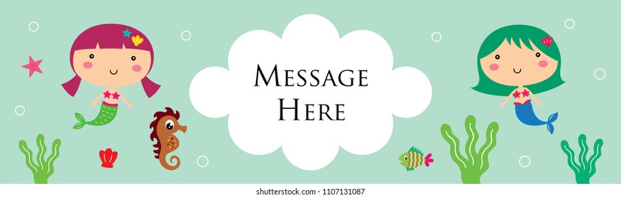 cute mermaid girl cartoon banner. vector of mermaid girl underwater banner.