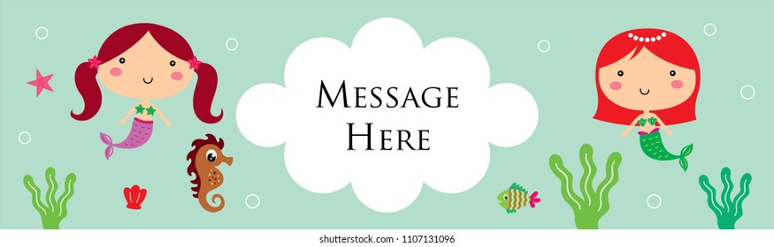 cute mermaid girl cartoon banner. vector of mermaid girl underwater banner.