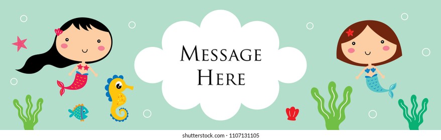 cute mermaid girl cartoon banner. vector of mermaid girl underwater banner.