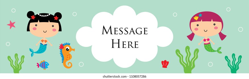 cute mermaid girl cartoon banner. vector of mermaid girl underwater banner.