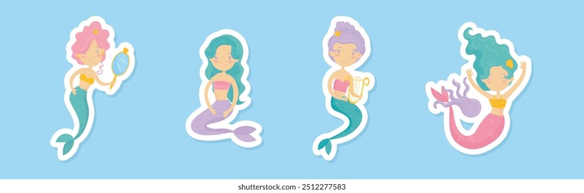 Cute Mermaid Girl Character with Fish Tail Vector Set