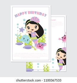 Cute mermaid girl with crab and whale in the sea vector cartoon illustration for birthday card design, postcard, and wallpaper