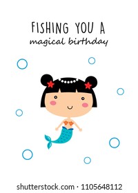 cute mermaid girl fishing you a magical birthday greeting card vector. cute mermaid princess cartoon happy birthday card.