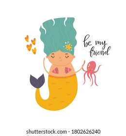 Cute mermaid girl, flat design. Nursery art print Vector illustration