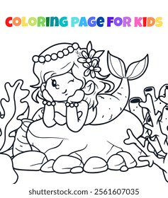 Cute mermaid girl outline coloring page vector illustration