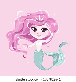 Cute mermaid girl with pink hair. Vector illustration on pastel pink background.