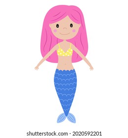 Cute mermaid girl with pink hair and blue fish tail. Vector illustration in funny cartoon style. Print for baby textile, invitation, children books, gift wrap, design and decor. Smiling girl. 
