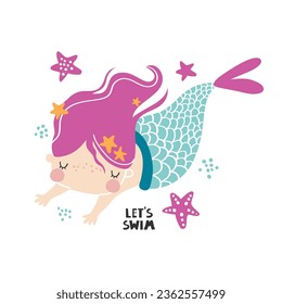 Cute mermaid girl with pink hair and underwater elements on white background. Vector hand drawn illustration for children. Mermaid clipart for girls. Sea, ocean. Card, print, poster, invitation.