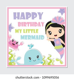 Cute mermaid girl and sea creatures frame vector cartoon illustration for birthday card design, postcard, and wallpaper