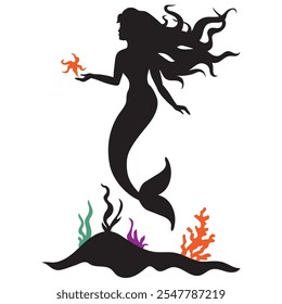 Lindos sereia menina silhueta vetor desenho animado ilustração