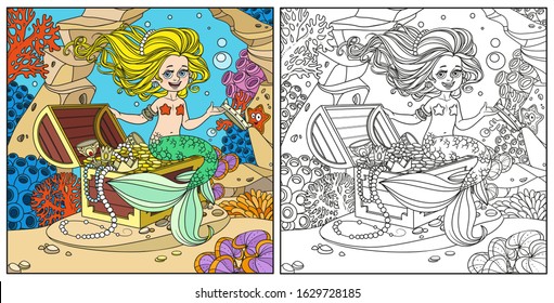 Cute mermaid girl is sitting on a treasure chest and holding a crown in her hand. Underwater world with corals and anemones. Background color and outlined.