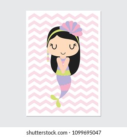 Cute mermaid girl sleeps on chevron background vector cartoon illustration for baby nursery wall, wallpaper and postcard