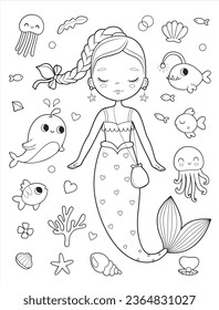 Niña de sirena acurrucada rodeada de sus amigos peces, delfines, octopusos, peces estrella y otras criaturas marinas. Página de coloreado del contorno del vector