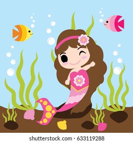 Cute mermaid girl is swimming with fishes in the water vector cartoon, kid postcard, wallpaper, and greeting card, T-shirt design for kids