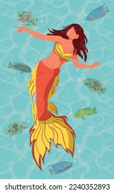 Cute mermaid girl swimming in sea ocean water. Cartoon girl siren playing in the Sea or Ocean. Underwater princesses. Flat Vector Illustration