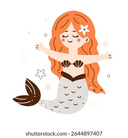 Linda garota sereia. O mundo subaquático e oceânico. Ilustração de vetor plano