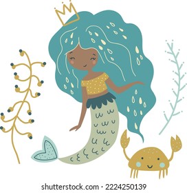 Cute mermaid girl, vector illustration for design, print, pattern, isolated on white background
