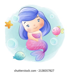 
Cute mermaid girl watercolor illustratio