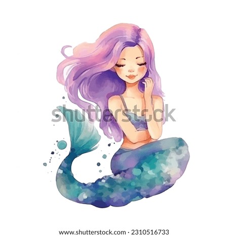 Cute mermaid girl watercolor paint ilustration
