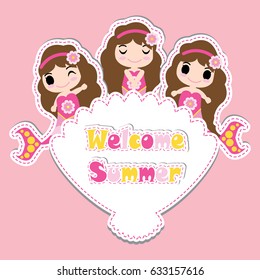 Cute mermaid girls on shellfish frame vector cartoon, summer postcard, wallpaper, and greeting card, T-shirt design for kids