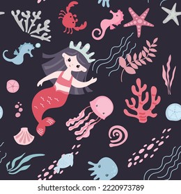 cute mermaid girls and undersea animals, cartoon style childish seamless pattern