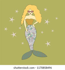 cute mermaid with glasses under the water