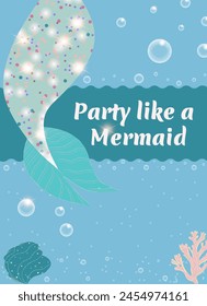 Cute mermaid glitter tail and sea life cartoon party invitation card template. Shiny bubbles on birthday celebrating poster. Vector art