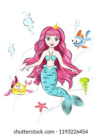 
Cute mermaid with a goldfish and marine inhabitants, for printing on t-shirts, children's parties, postcards.