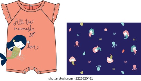 cute mermaid graphic and seamless pattern