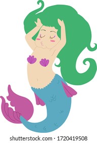 Cute mermaid with green hair, blue tail and pink fins is doing her hairstyle and enjoying herself. 
Flat vector illustration, single character. For kid's, site, books and polygraph.