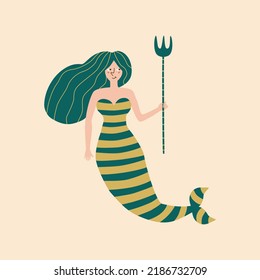 Cute mermaid with green hair and trident hand drawn vector illustration. Isolated cheerful water nymph in flat style for kids logo or icon.