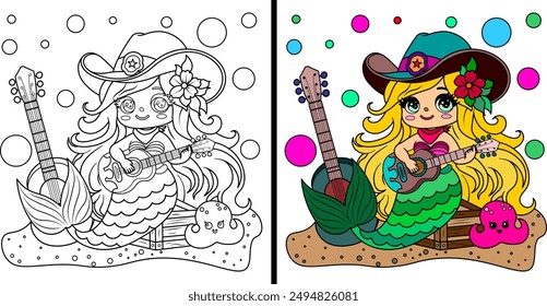 Cute mermaid with a guitar. Coloring page.Vector illustration.
