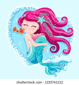 Cute mermaid hair with fishes for greet book children artwork. Fashion kids. Starfish and waves with a pretty sea adorable water girl. Underwater fairy hearth of the ocean vector illustration.