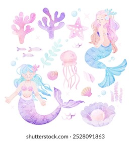 Cute Mermaid Hand Drawn Watercolor Elements Pack