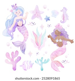 Cute Mermaid Hand Drawn Watercolor Elements Pack