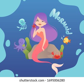 Cute mermaid. Happy sea princess sitting on stone, poster. Jellyfish, octopus and fishes vector illustration