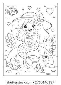  Cute Mermaid with Hat Coloring Page for Kids. Simple Ocean Cartoon Line Art for Girls.